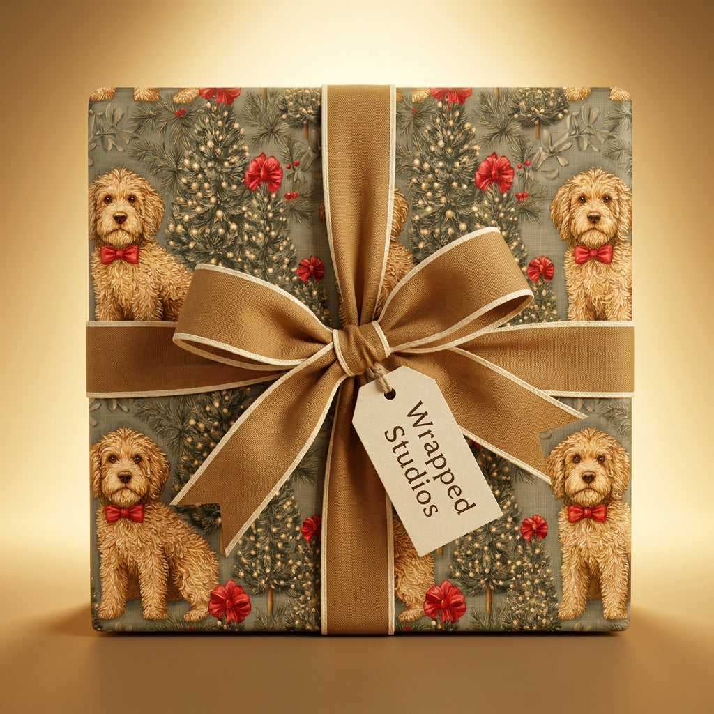 Vintage goldendoodle Christmas wrapping paper with gold ribbon and gift tag by Wrapped Studios.
