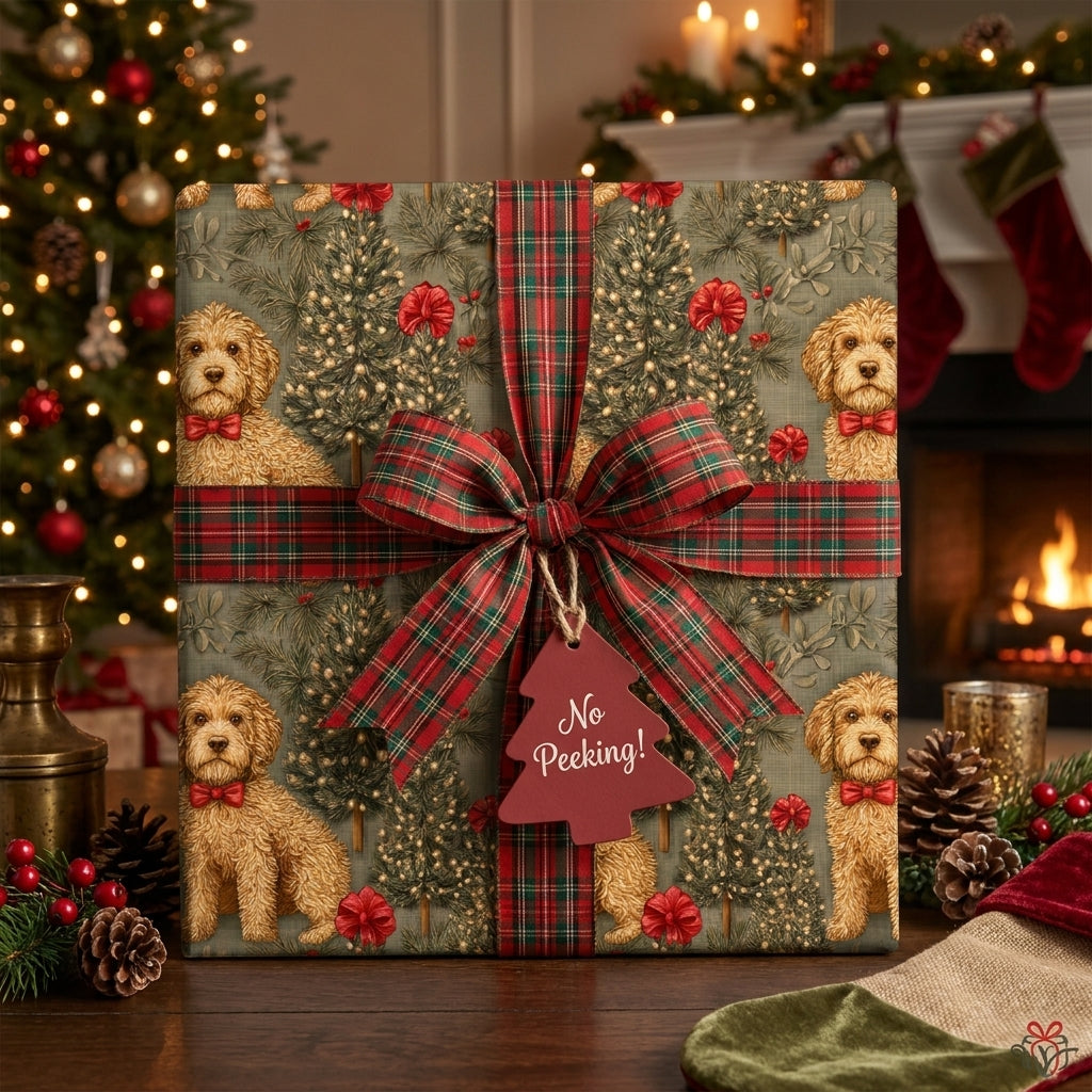 Goldendoodle dog Christmas wrapping paper with a plaid ribbon and bow by Wrapped Studios.