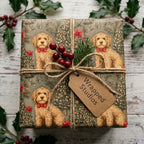 Goldendoodle dog Christmas wrapping paper with rustic twine and gift tag by Wrapped Studios.