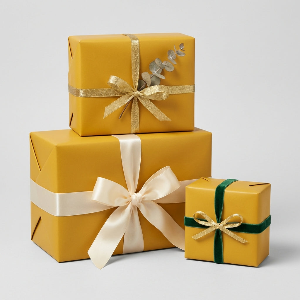 Mustard yellow gift boxes with gold and cream ribbons, wrapped in solid color wrapping paper for birthdays or holidays.