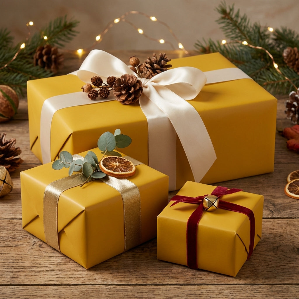 Mustard yellow wrapping paper gifts with ribbons and pinecone decor, perfect for Christmas or rustic holiday presents.