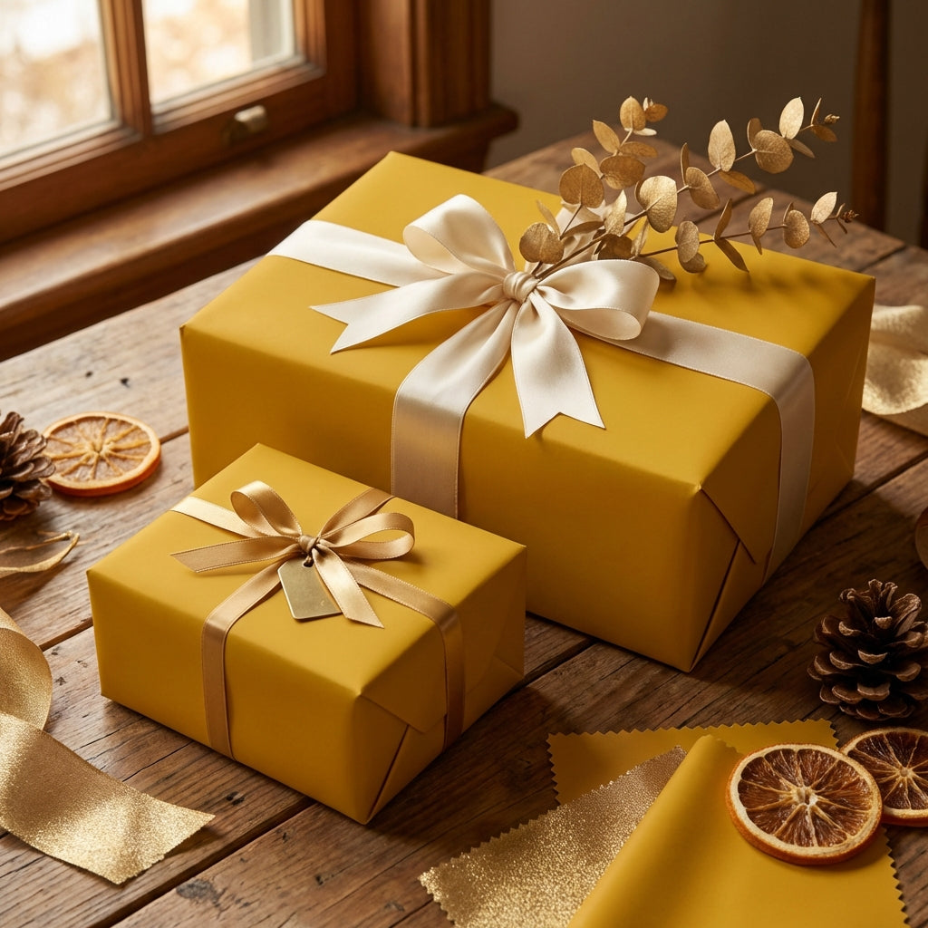 Elegant mustard yellow gift wrapping paper with satin ribbons for birthday or holiday presents.