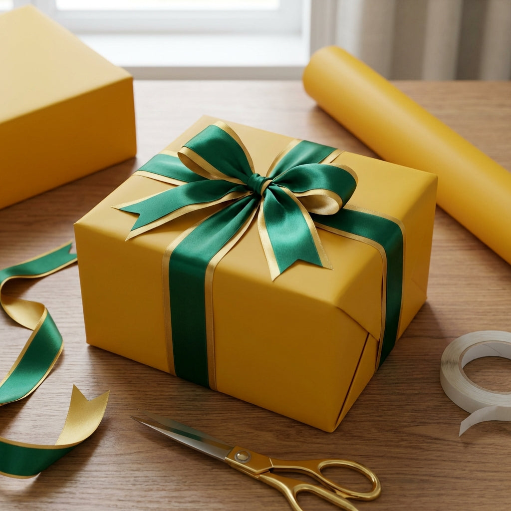 Elegant gold wrapping paper with green ribbon, perfect for birthday or holiday gifts.
