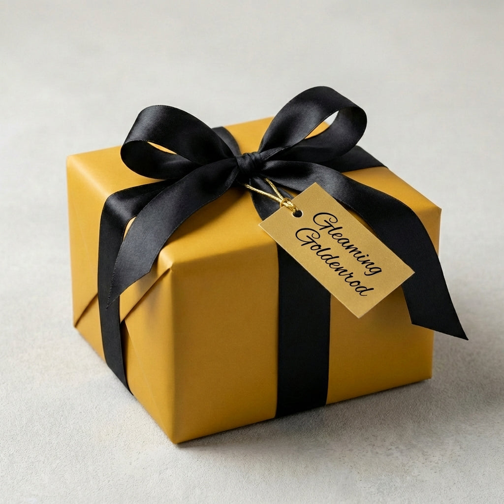 Elegant gold wrapping paper with black satin ribbon on a square gift box, ideal for birthdays or special occasions.