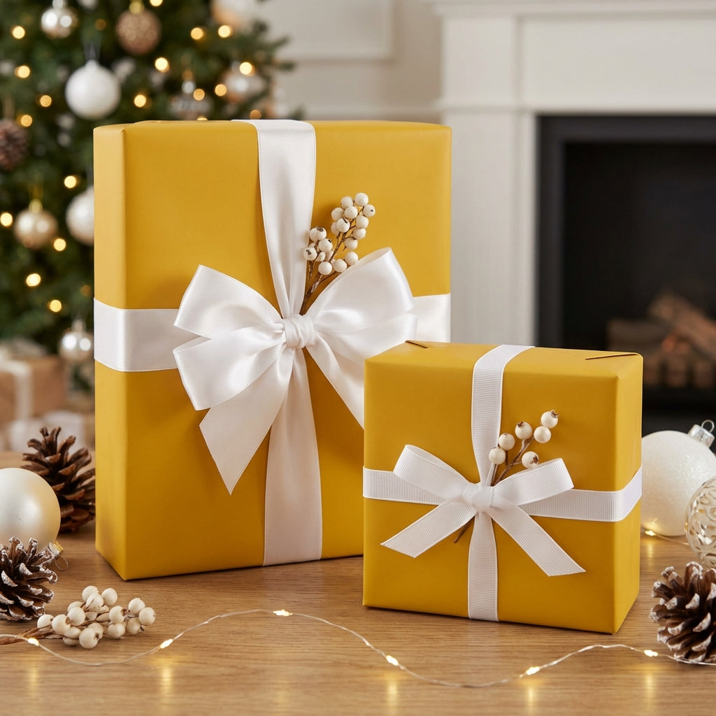Mustard yellow gift wrap with white ribbon & berries. Solid color wrapping paper for Christmas, birthdays, or other occasions.