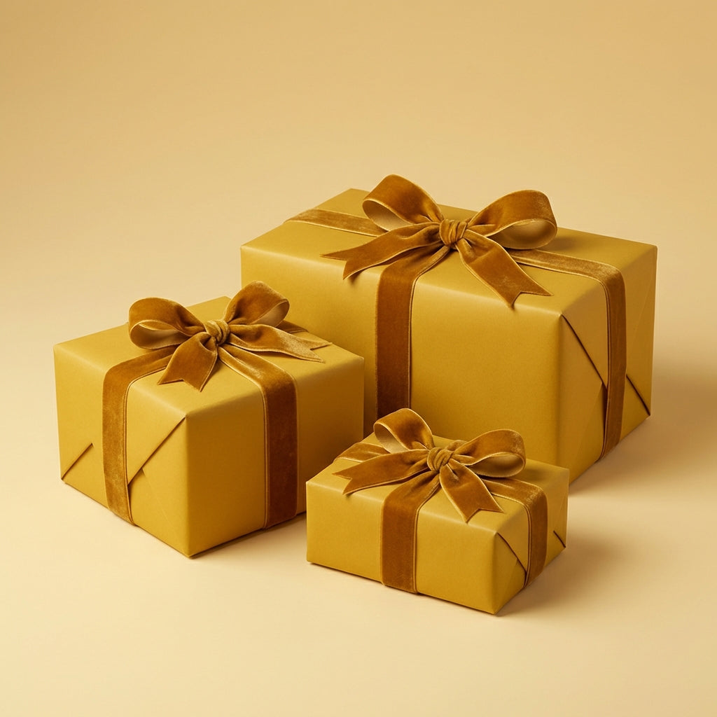 Gold wrapping paper: Square gift boxes wrapped in solid color paper with velvet ribbon and bows.