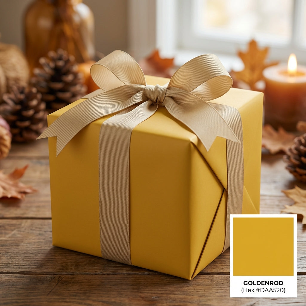 Goldenrod wrapping paper on gift box with ribbon; elegant fall holiday gift wrap for birthdays.