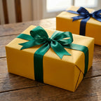 Gold wrapping paper with green satin ribbon bow, perfect for holiday gifts.