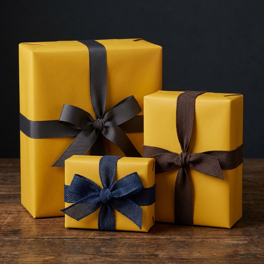 Mustard yellow gift boxes with gray and navy ribbon bows; elegant solid color wrapping paper for birthdays or special occasions.