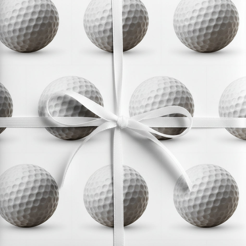 Golf ball wrapping paper with white ribbon bow.