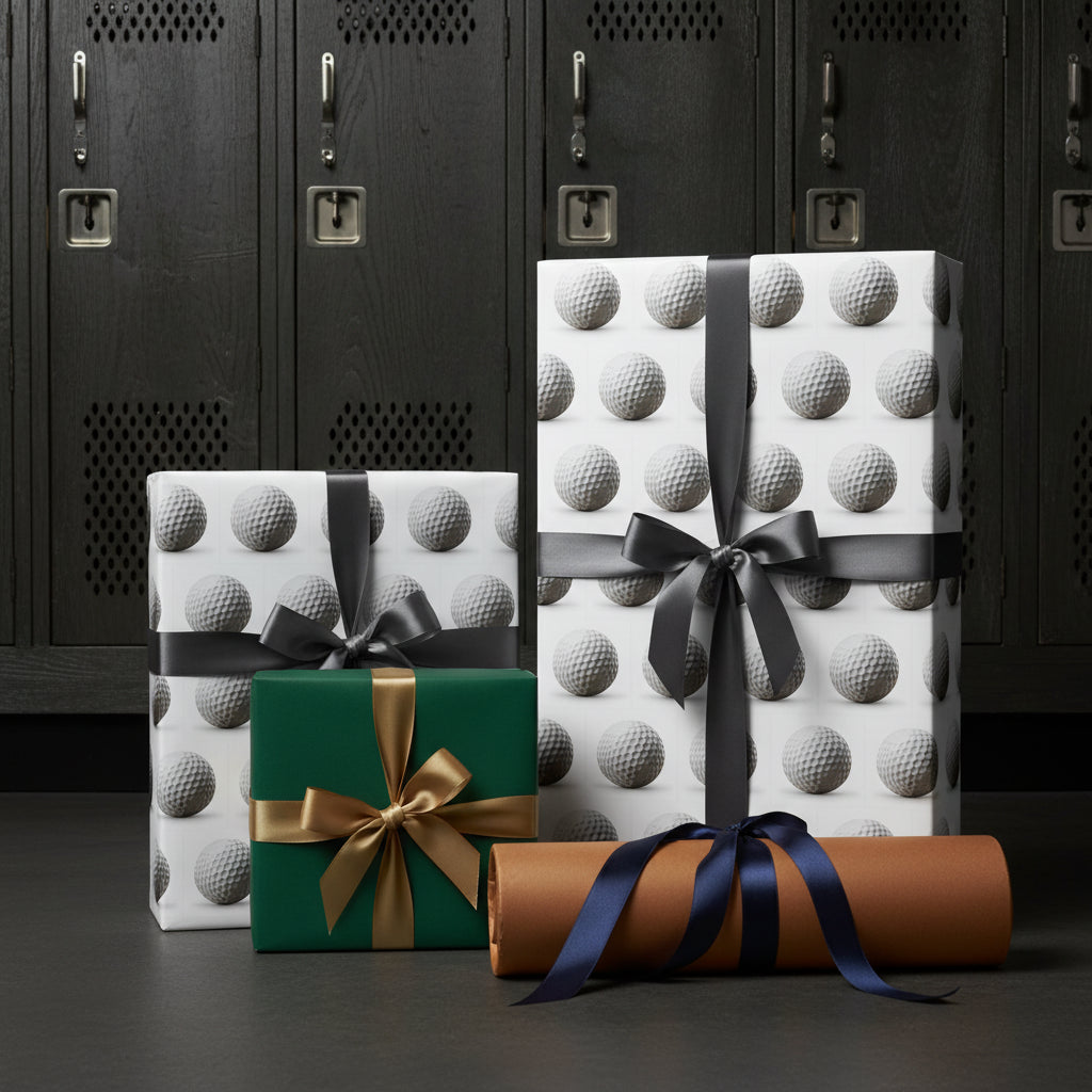 Golf-themed gift wrap, gray ribbon. Green and gold gifts, blue ribbon, Wrapped Studios.