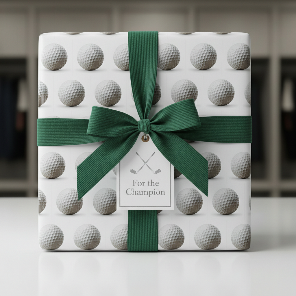 Gift box wrapped in golf ball wrapping paper with a green ribbon and "For the Champion" tag.