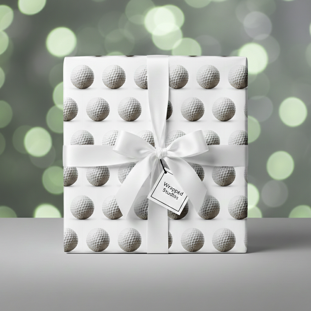 Wrapped Studios golf ball wrapping paper, tied with a white satin bow.