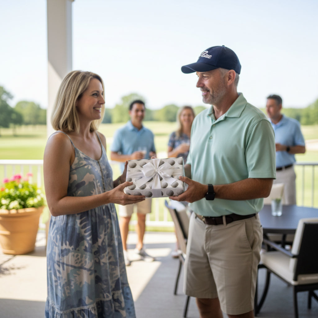 Woman gifts golf ball wrapping paper with a white ribbon to a smiling man at a party.