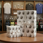 Golf ball wrapping paper with a white ribbon on two gifts for the golf enthusiast.