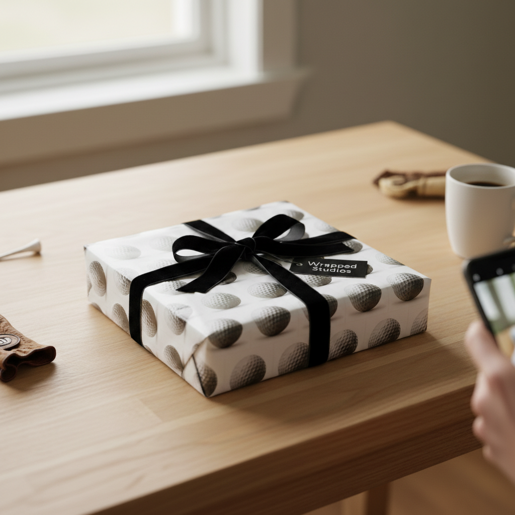Wrapped gift with golf ball print wrapping paper and black velvet ribbon for Father's Day.