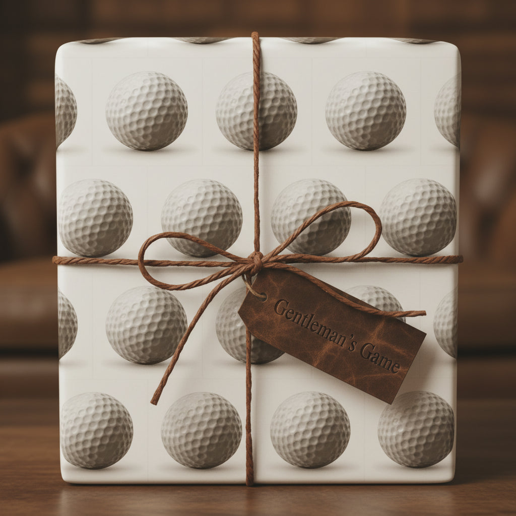 Golf ball print gift wrapped in sport themed wrapping paper with brown twine and leather tag.