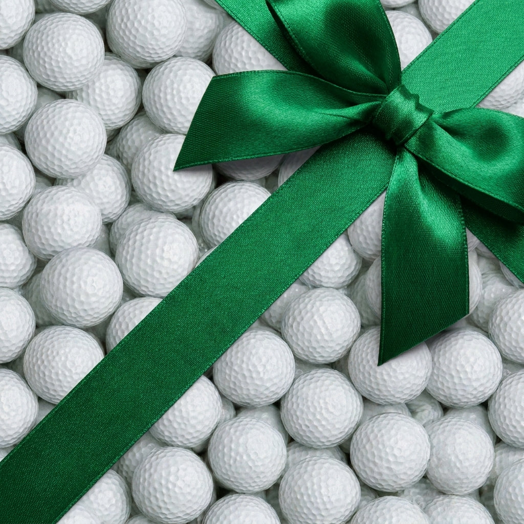 Golf wrapping paper featuring a white golf ball pattern with a green satin ribbon bow by Wrapped Studios.
