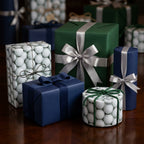 Golf ball wrapping paper and luxury solid green and navy blue gift wrap by Wrapped Studios.