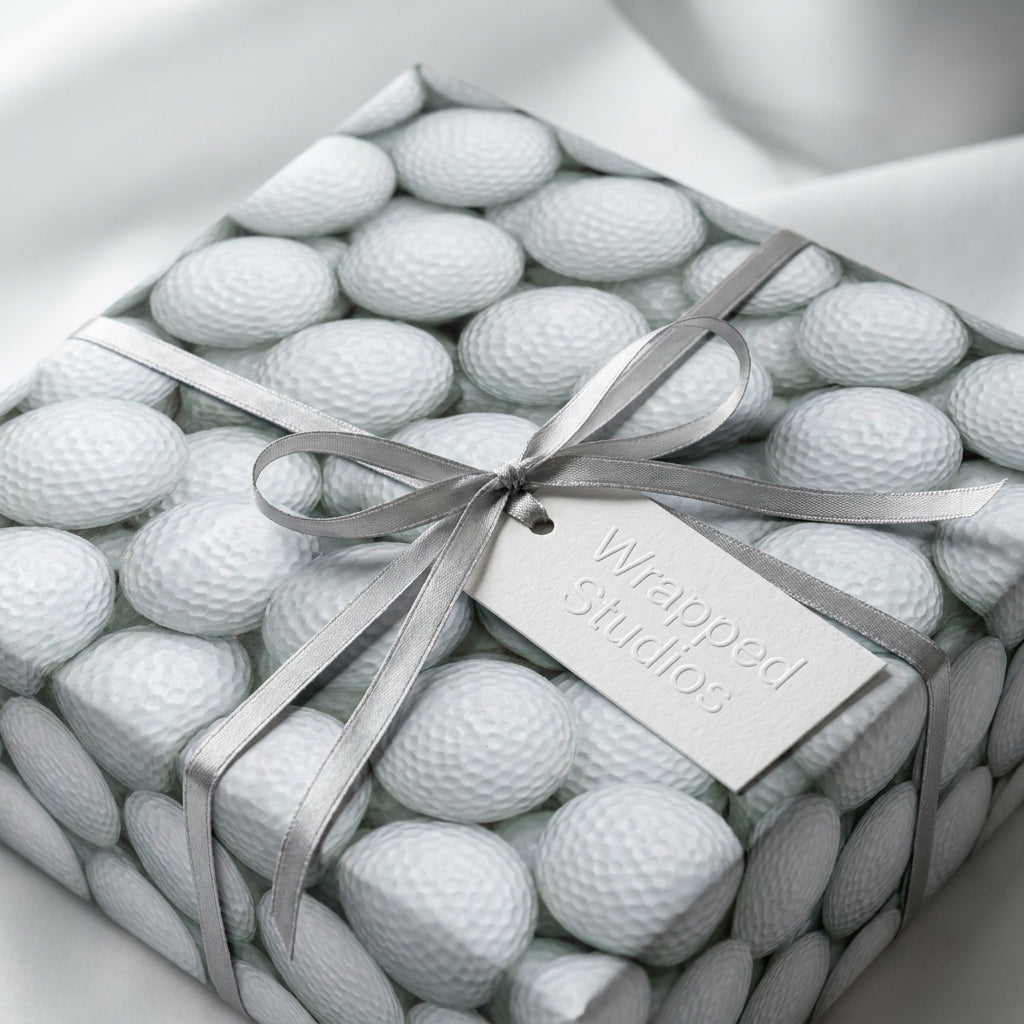 Golf ball wrapping paper on a gift box with silver ribbon bow and Wrapped Studios tag.