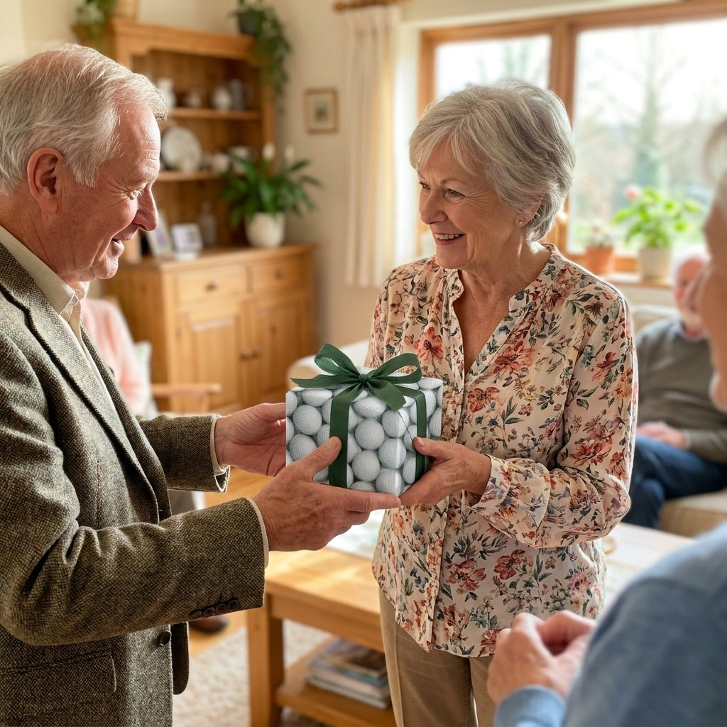 Senior couple exchanging a gift in golf ball wrapping paper with a green ribbon by Wrapped Studios.