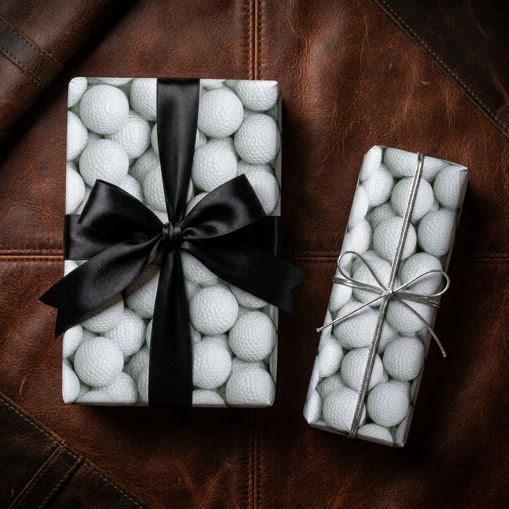 Golf wrapping paper with golf ball print and black ribbon, Father's Day gift wrap by Wrapped Studios.