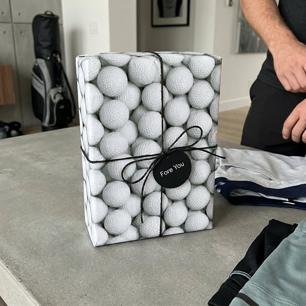Golf wrapping paper with a realistic golf ball print and black "Fore You" tag by Wrapped Studios.