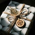 Golf wrapping paper for Father's Day with rustic twine and wooden Dad tag by Wrapped Studios.