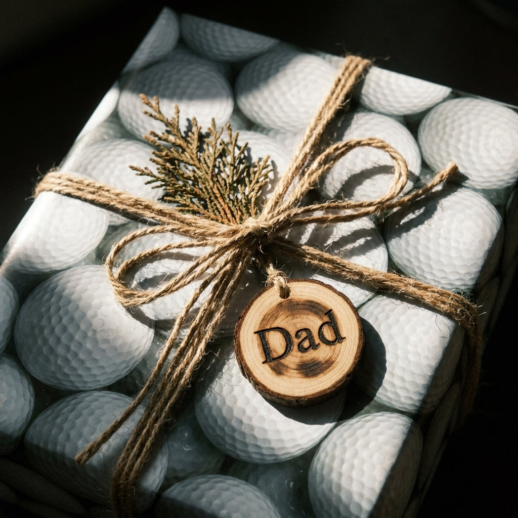 Golf wrapping paper for Father's Day with rustic twine and wooden Dad tag by Wrapped Studios.