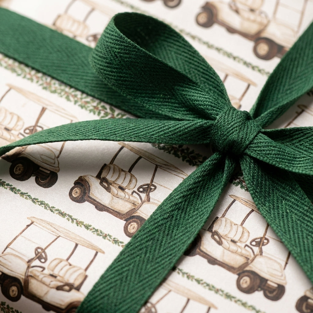 Vintage golf cart wrapping paper with a dark green ribbon, luxury golf gift wrap from Wrapped Studios.