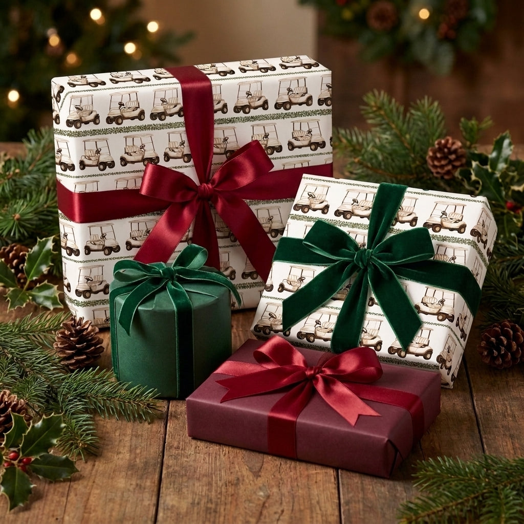 Luxury golf wrapping paper with red and green velvet bows by Wrapped Studios.