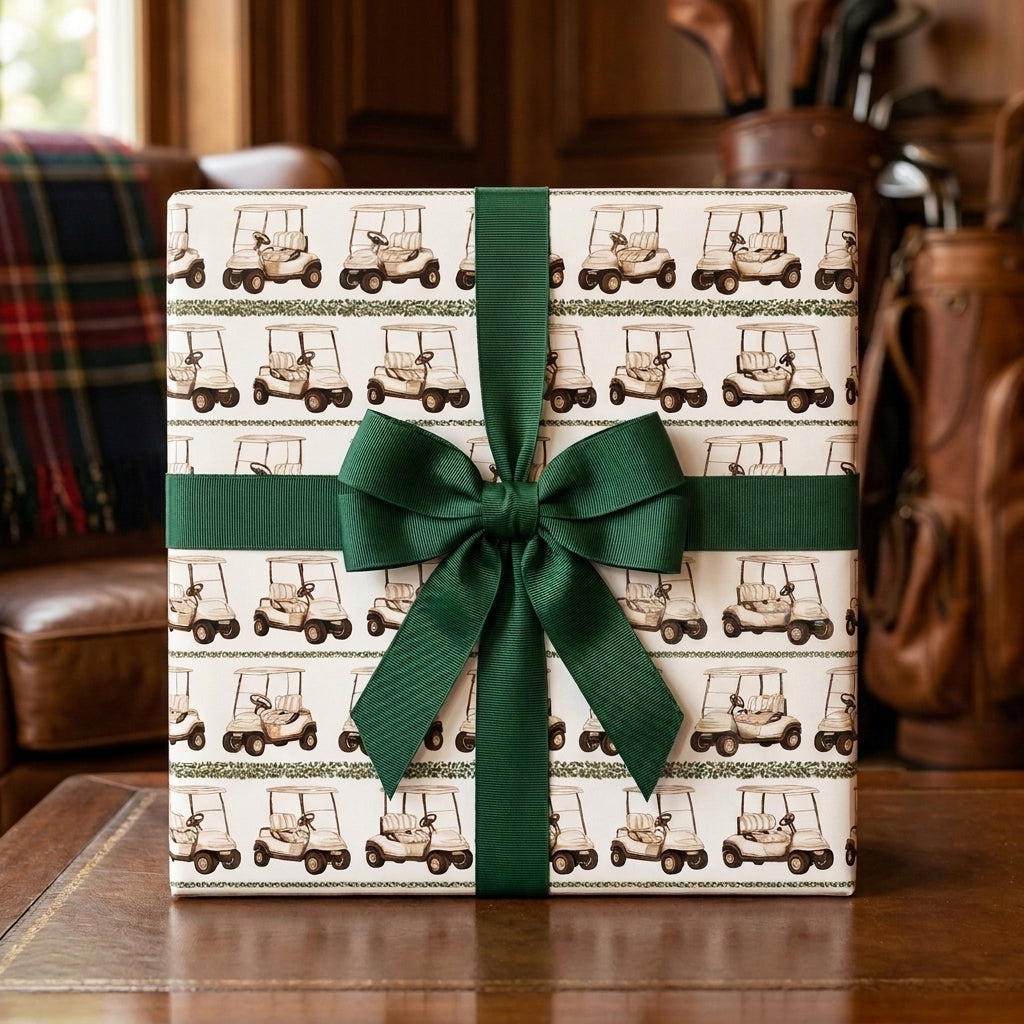 Golf wrapping paper with a green bow by Wrapped Studios, featuring a vintage golf cart design.
