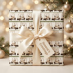Golf cart Christmas wrapping paper with a cream satin bow and holiday tag by Wrapped Studios.