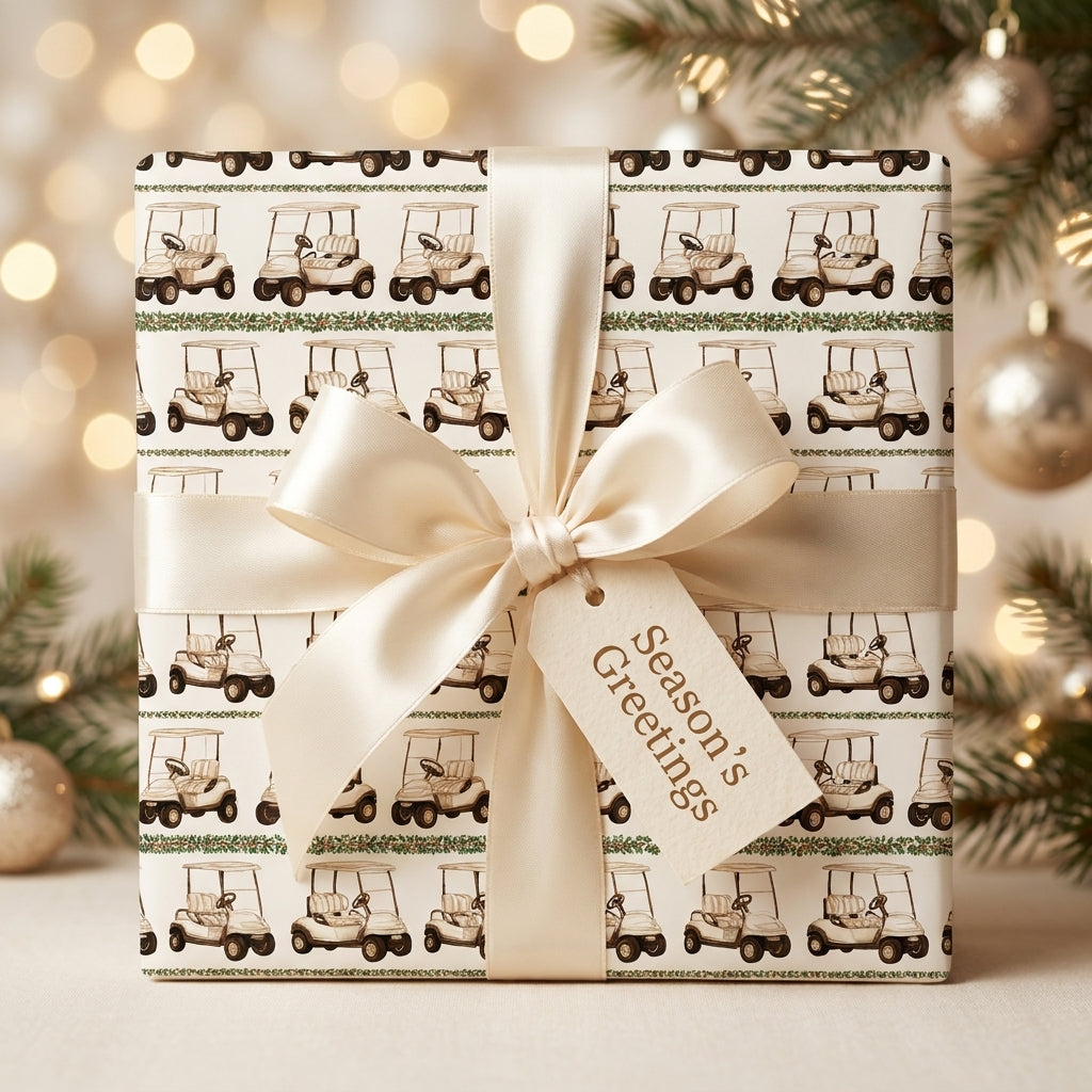 Golf cart Christmas wrapping paper with a cream satin bow and holiday tag by Wrapped Studios.