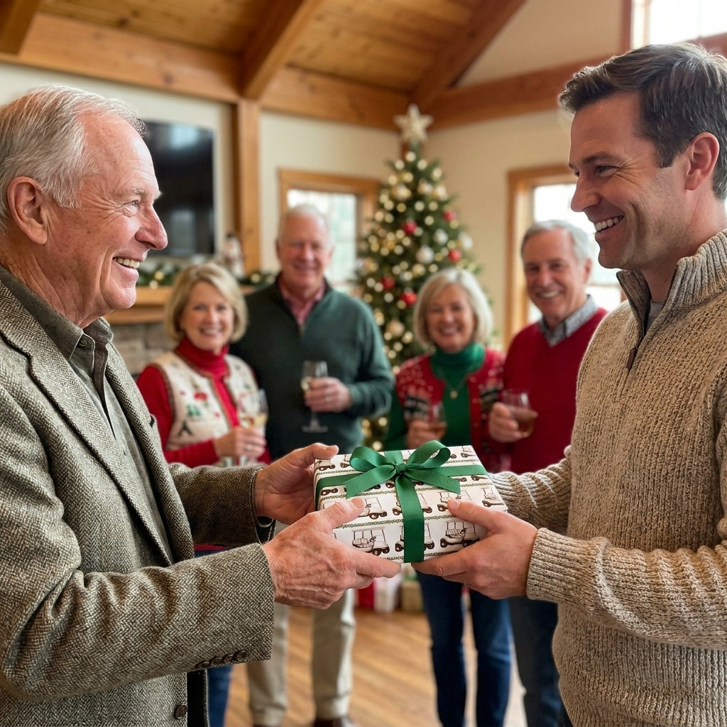Golf wrapping paper by Wrapped Studios on a Christmas gift with green ribbon, exchanged by father and son.