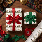 Vintage golf wrapping paper with red and green ribbons on holiday gifts by Wrapped Studios.