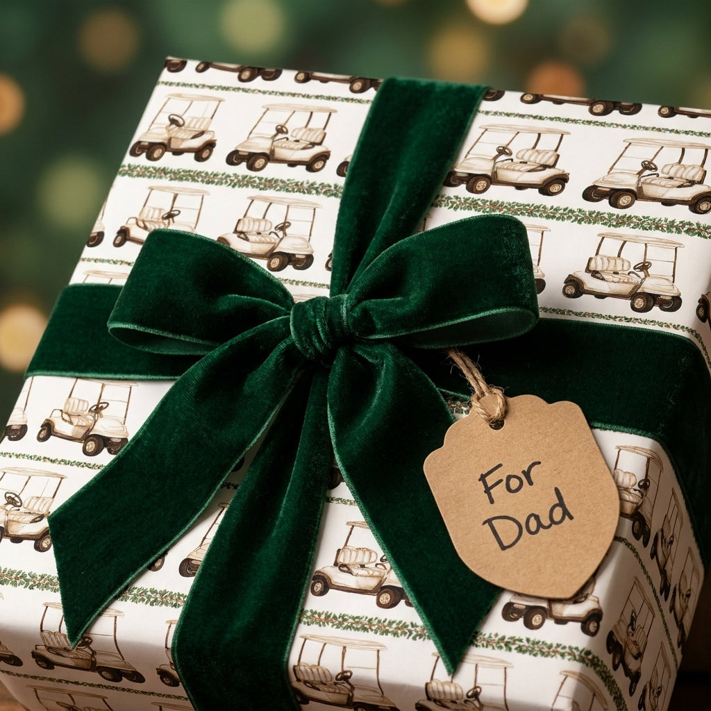 Golf cart wrapping paper with a green velvet bow and 'For Dad' gift tag by Wrapped Studios.