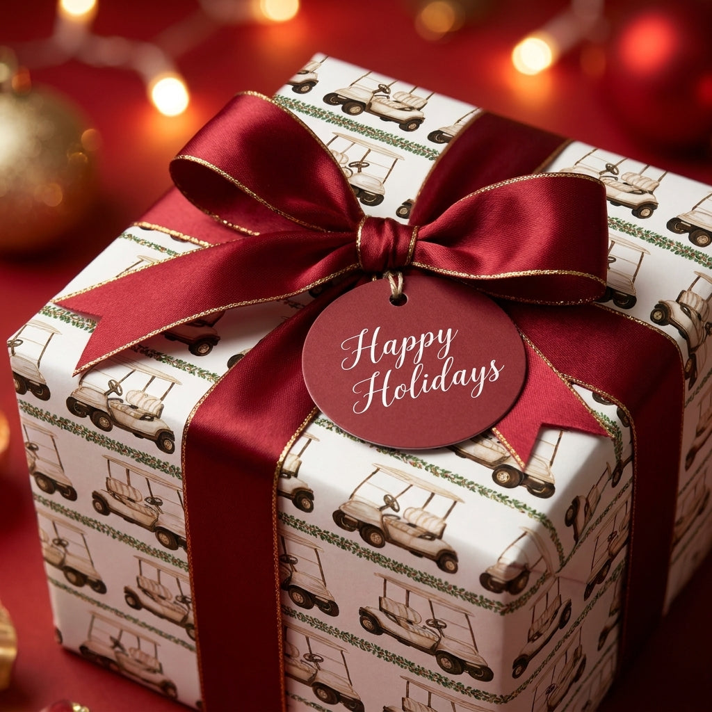 Golf Christmas wrapping paper with red ribbon and Happy Holidays gift tag by Wrapped Studios.