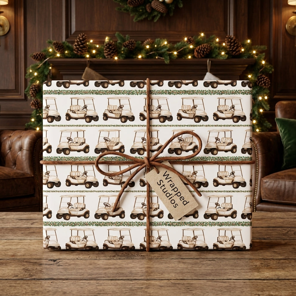Golf cart Christmas wrapping paper by Wrapped Studios on a gift tied with a rustic twine bow.