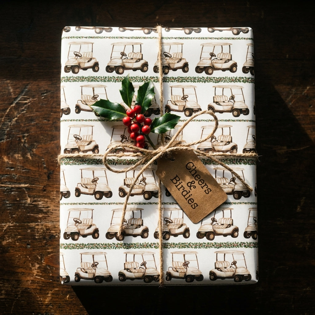 Golf cart Christmas wrapping paper tied with rustic twine and holly for holiday gifts by Wrapped Studios.