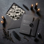 Spooky gothic wrapping paper pattern lining a Halloween invitation envelope, by Wrapped Studios.