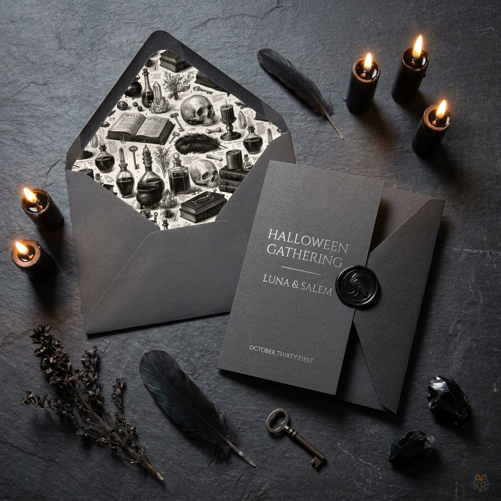 Spooky gothic wrapping paper pattern lining a Halloween invitation envelope, by Wrapped Studios.