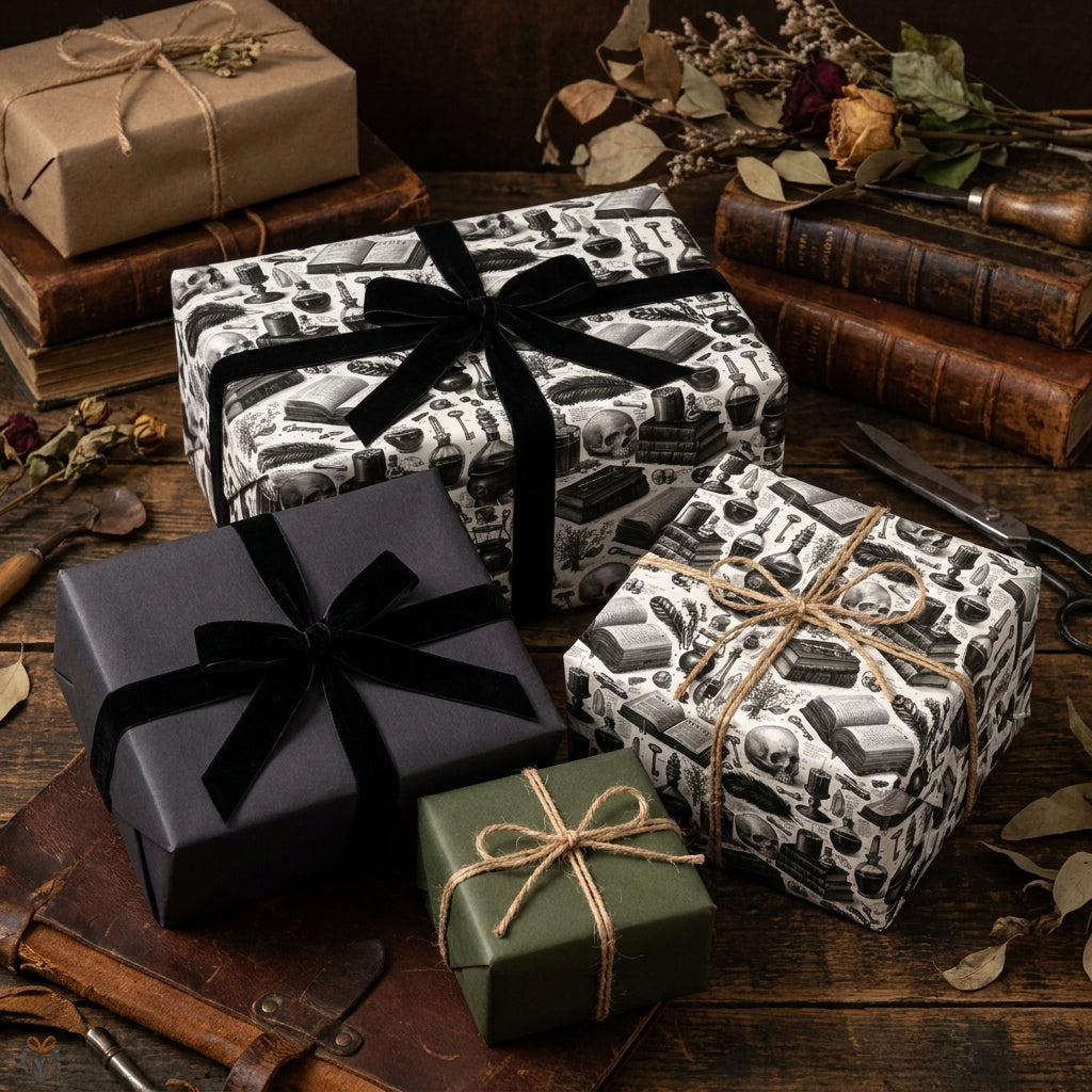 Gothic dark academia wrapping paper with skulls and books on gifts with black velvet bows by Wrapped Studios.
