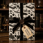 Dark academia gothic wrapping paper with skulls and books, tied with a black velvet ribbon by Wrapped Studios.