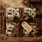 Gothic skull wrapping paper with a brown ribbon by Wrapped Studios, in a dark academia library.