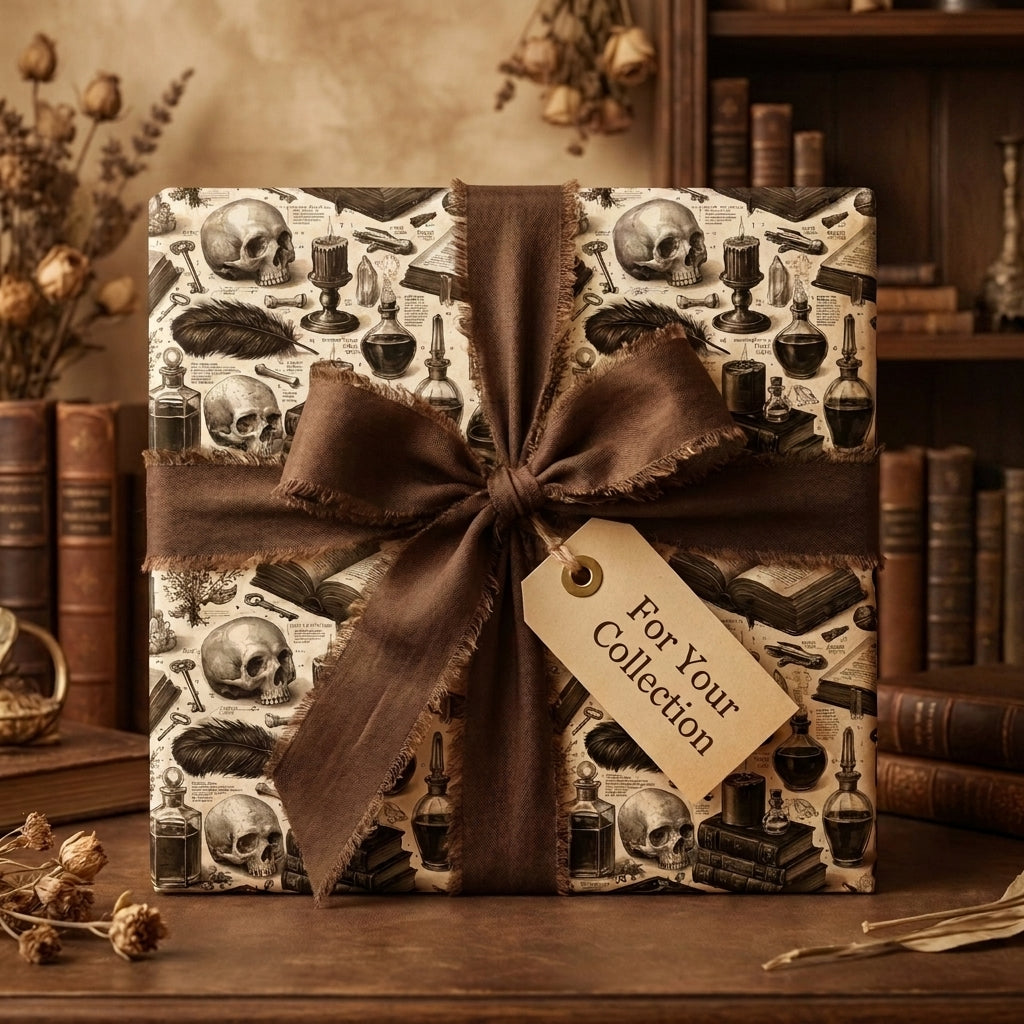 Gothic skull wrapping paper with a brown ribbon by Wrapped Studios, in a dark academia library.