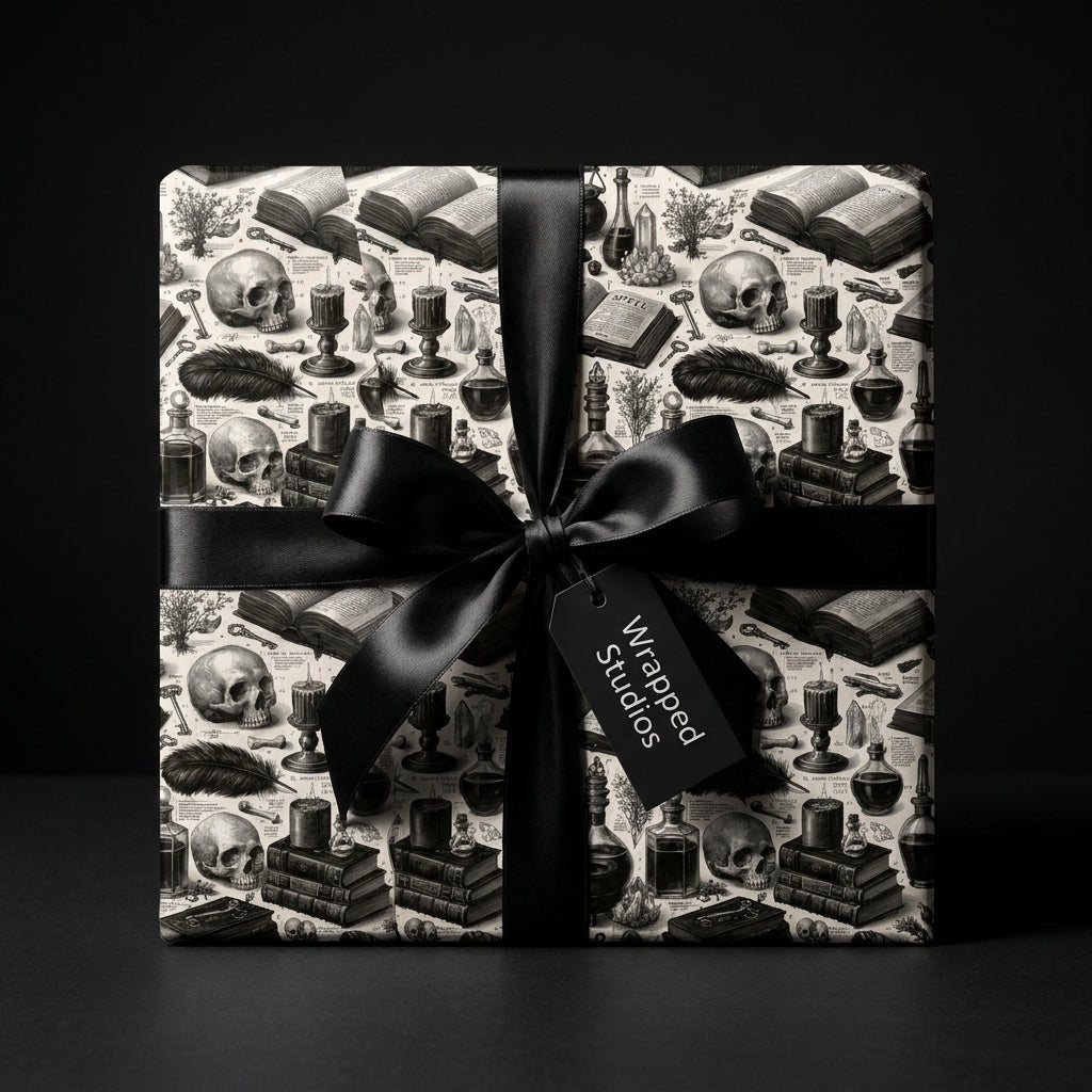 Gothic skull wrapping paper with black satin bow, luxury dark academia gift wrap by Wrapped Studios.