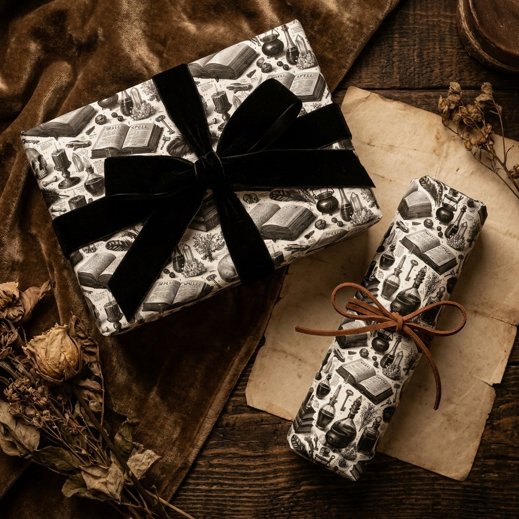 Gothic wrapping paper with spellbooks and black velvet ribbon by Wrapped Studios.