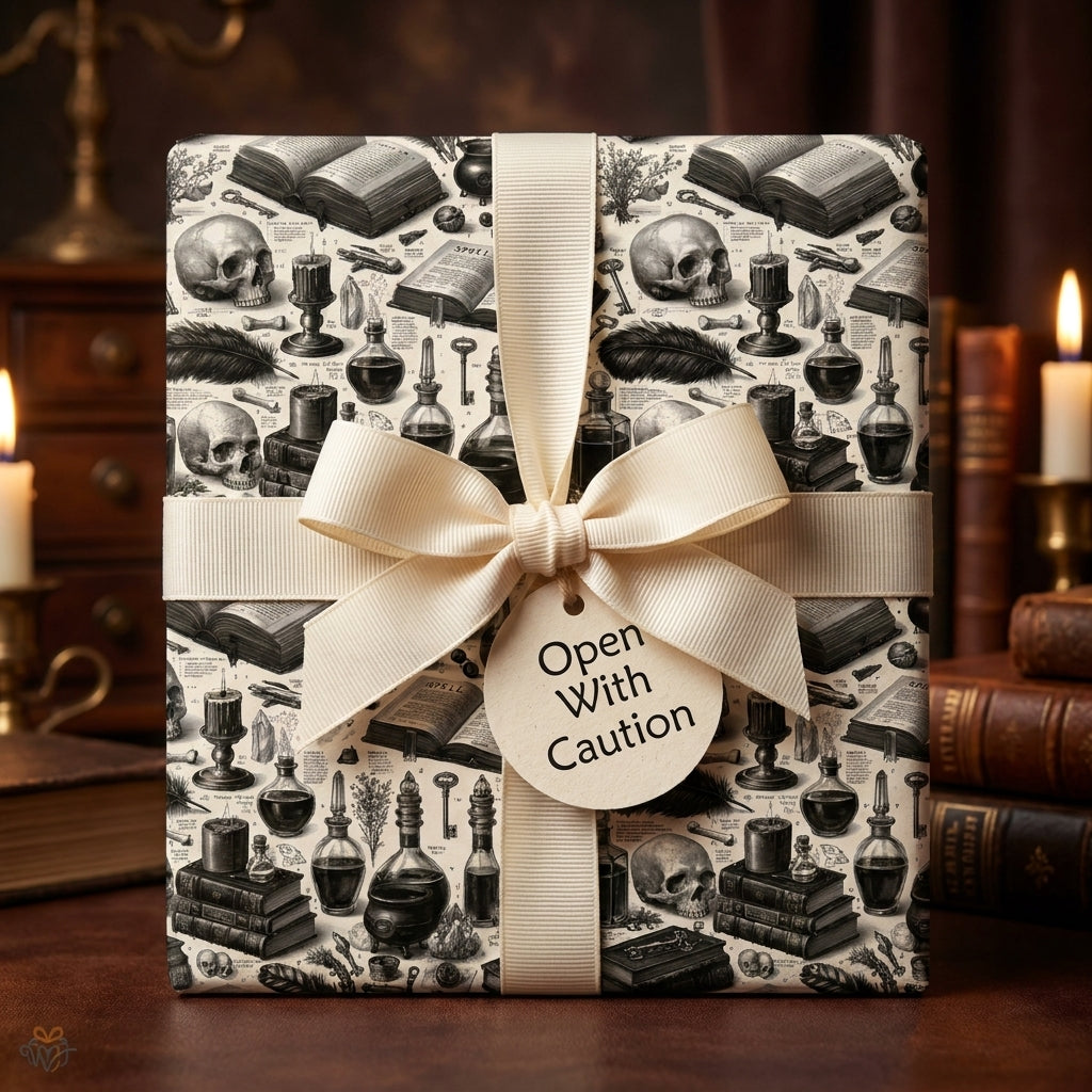 Gothic skull wrapping paper with cream ribbon and "Open with Caution" tag by Wrapped Studios.