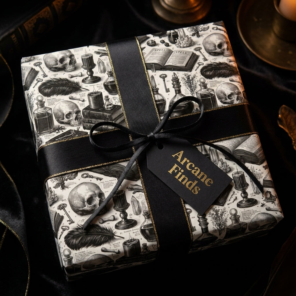 Gothic dark academia wrapping paper with skulls, tied with a black ribbon from Wrapped Studios.